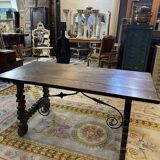 Spanish table in walnut and wrought iron, lyre-shaped base.