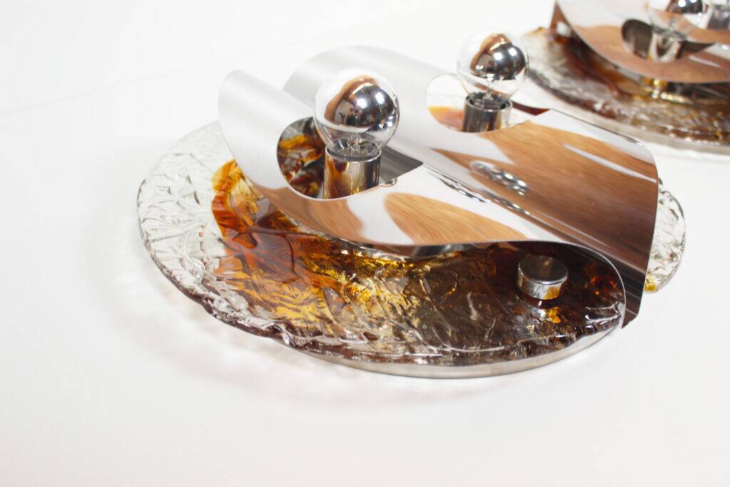 Stunning large pair of Murano glass and chrome wall lights by Mazzega