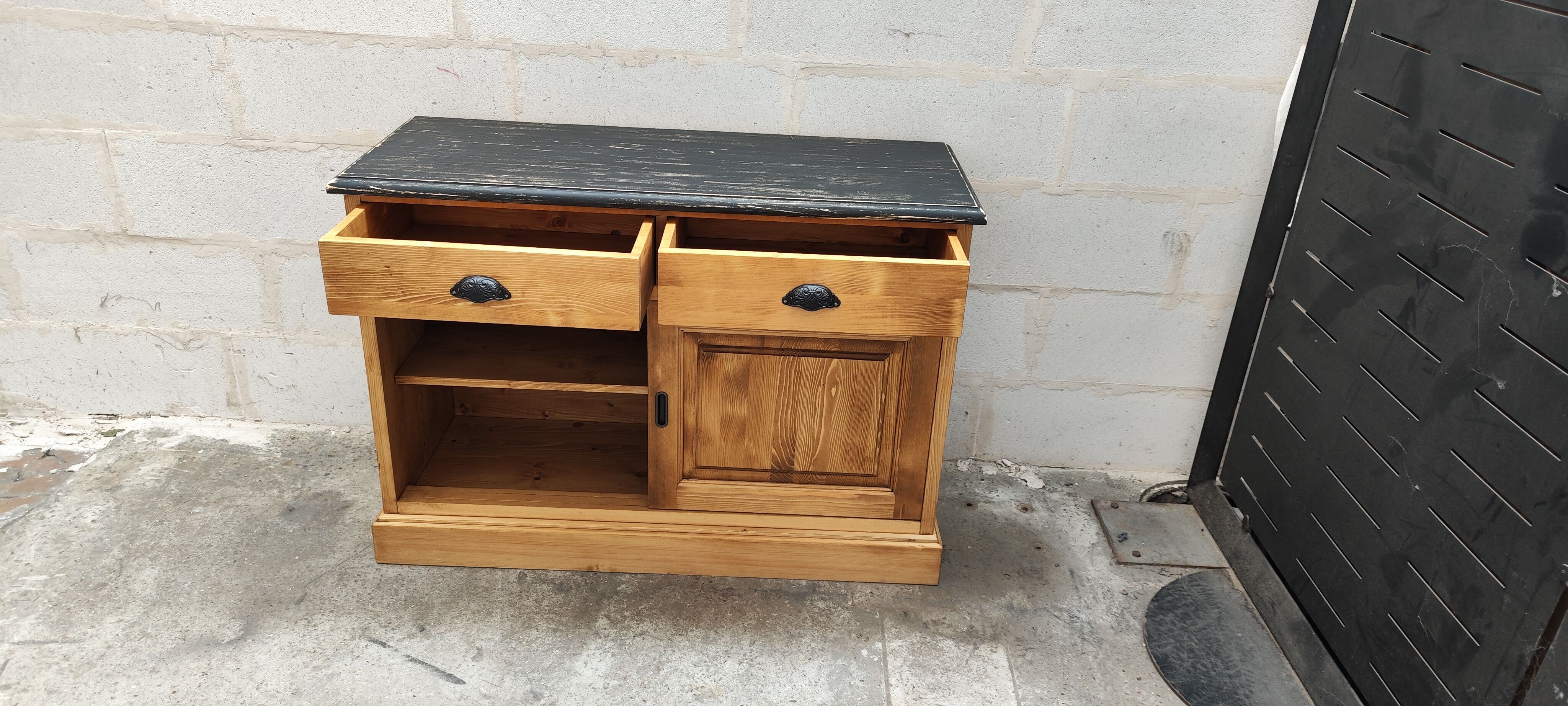 Furniture two sliding doors waxed pine above black patina