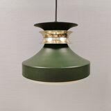 Hanging lamp in green lacquered metal with golden “ring” and bottom grille.