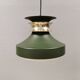 Hanging lamp in green lacquered metal with golden “ring” and bottom grille.