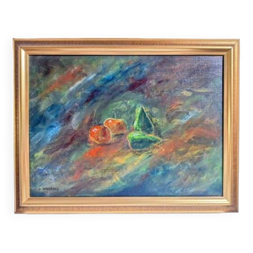 Huile sur toile "Nature morte avec des fruits" par Olle Bredford, vintage et encadrée 38×30cm