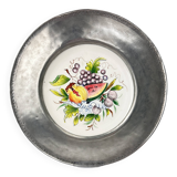 Decorative earthenware and pewter wall plate with fruits