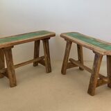 Pair of small benches in raw wood of winemaker