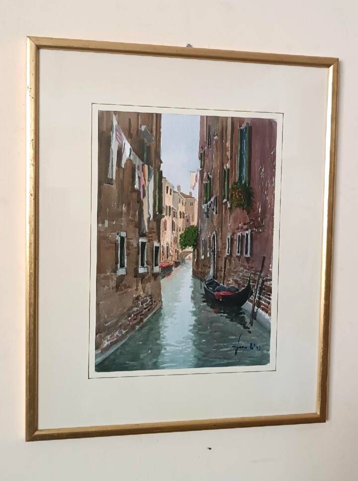 Watercolor depicting a glimpse of a canal in Venice or Chioggia signed