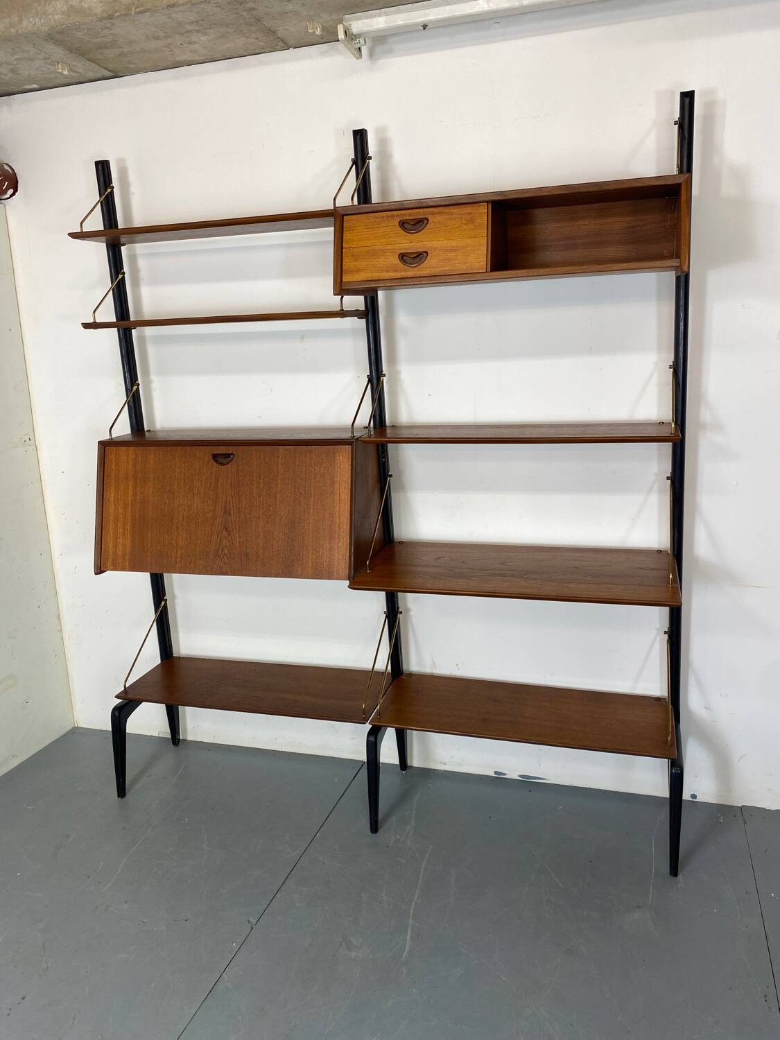 Mid-Century Danish Style Teak and Brass Wall System Unit by Louis Van Teeffelen for Wébé, 1950s