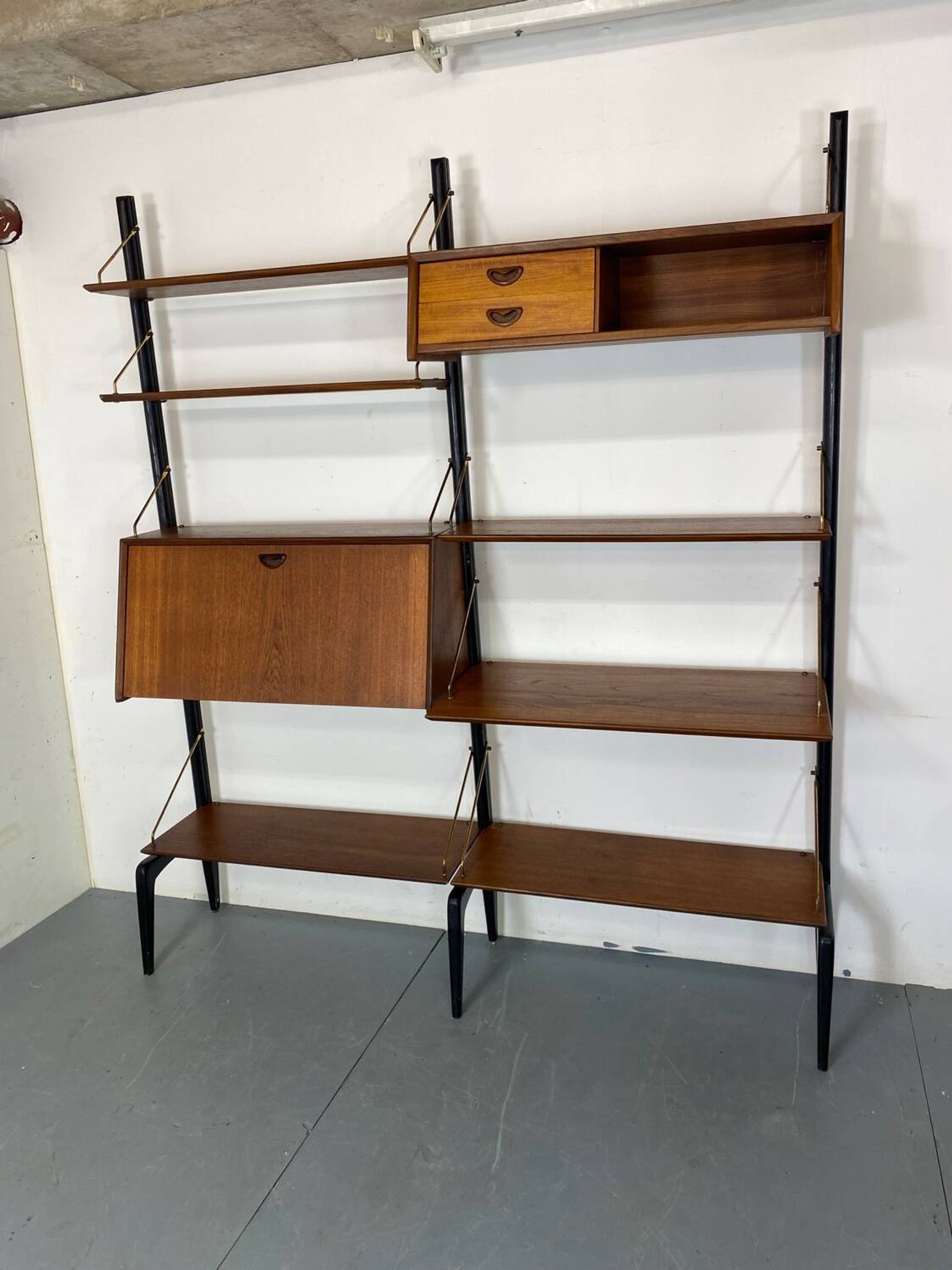 Mid-Century Danish Style Teak and Brass Wall System Unit by Louis Van Teeffelen for Wébé, 1950s