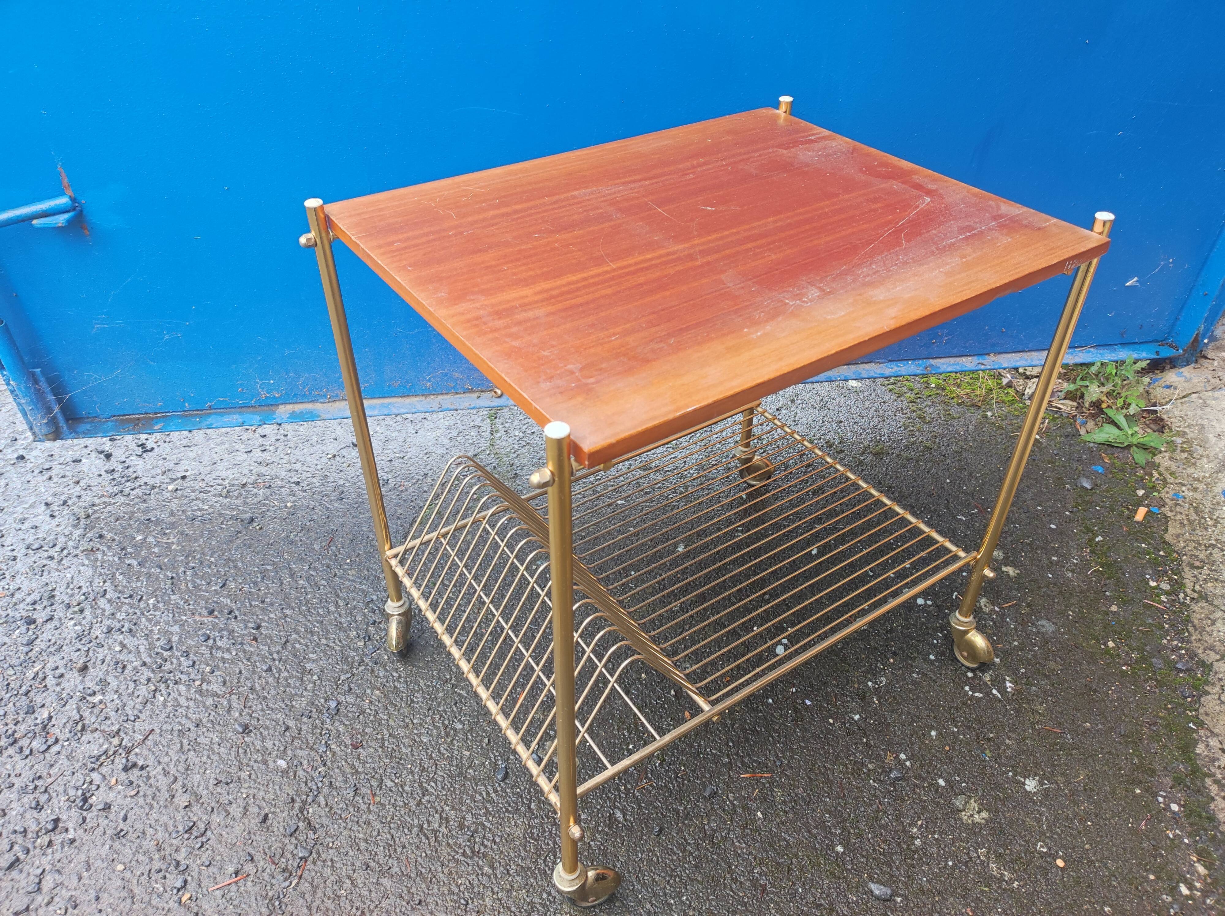 Serving table with wheels vinyl record holder steel file gilded wood vintage