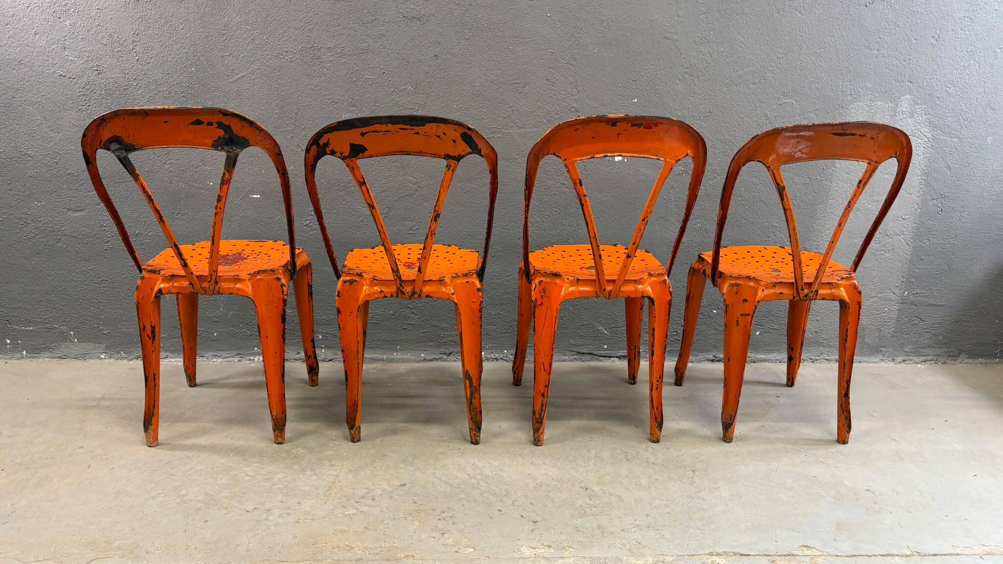 Set of four industrial metal dining chairs by Joseph Mathieu, painted steel, 1920s, France