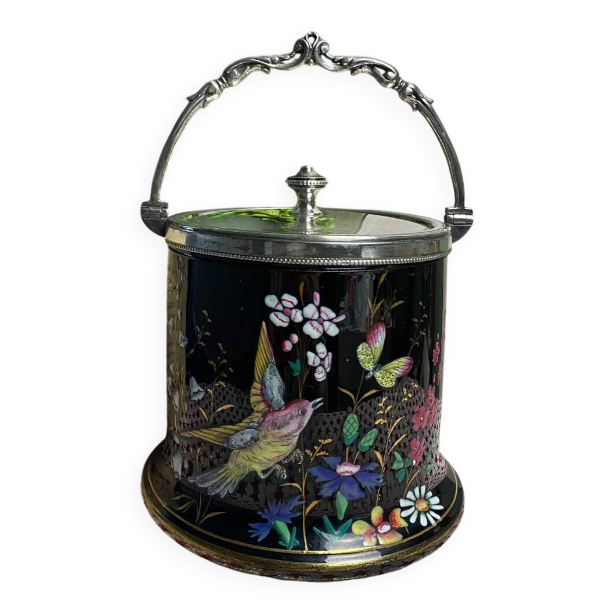 English porcelain and silver-plated metal cake tin