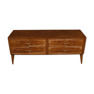 Italian design chest of drawers in walnut, burl, beech and fruitwood