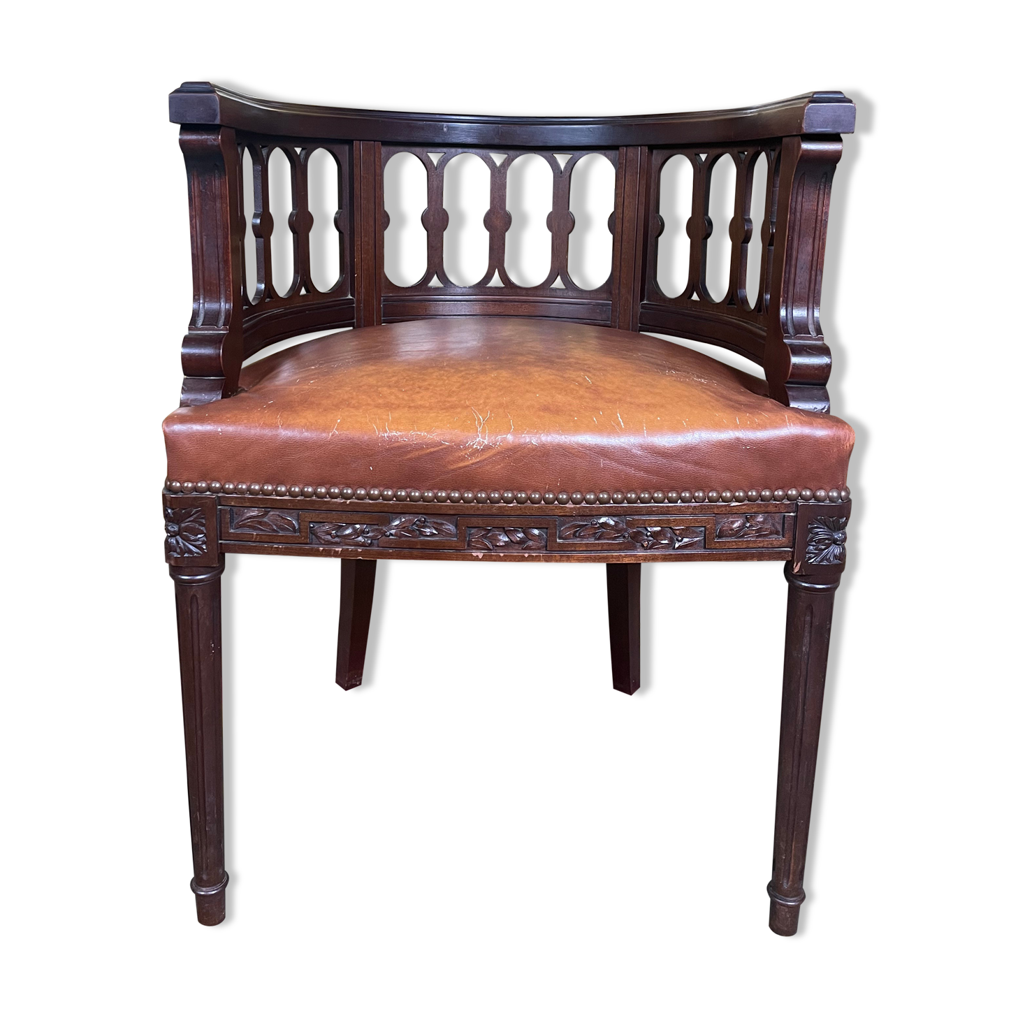 Louis XVI style office armchair in mahogany and leather