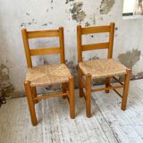 Pair of straw and pine chairs, mountain furniture