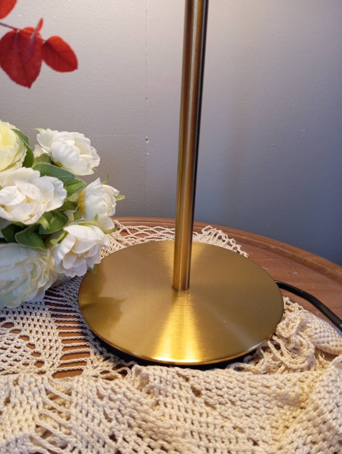 Living room lamp with gold metal base, matt white opaline globe, vintage