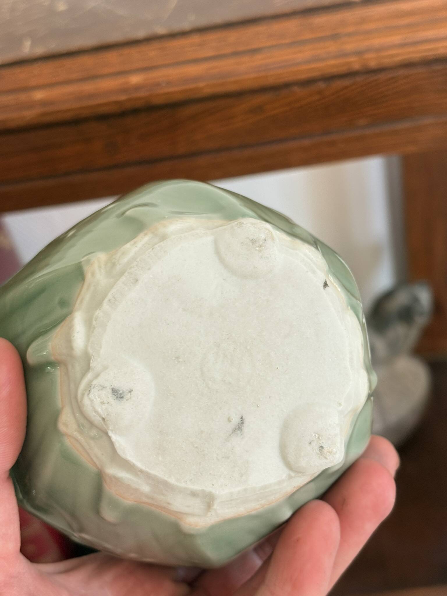 Cendrier rince-pinceaux porcelaine céladon vert caractères Fu Shou