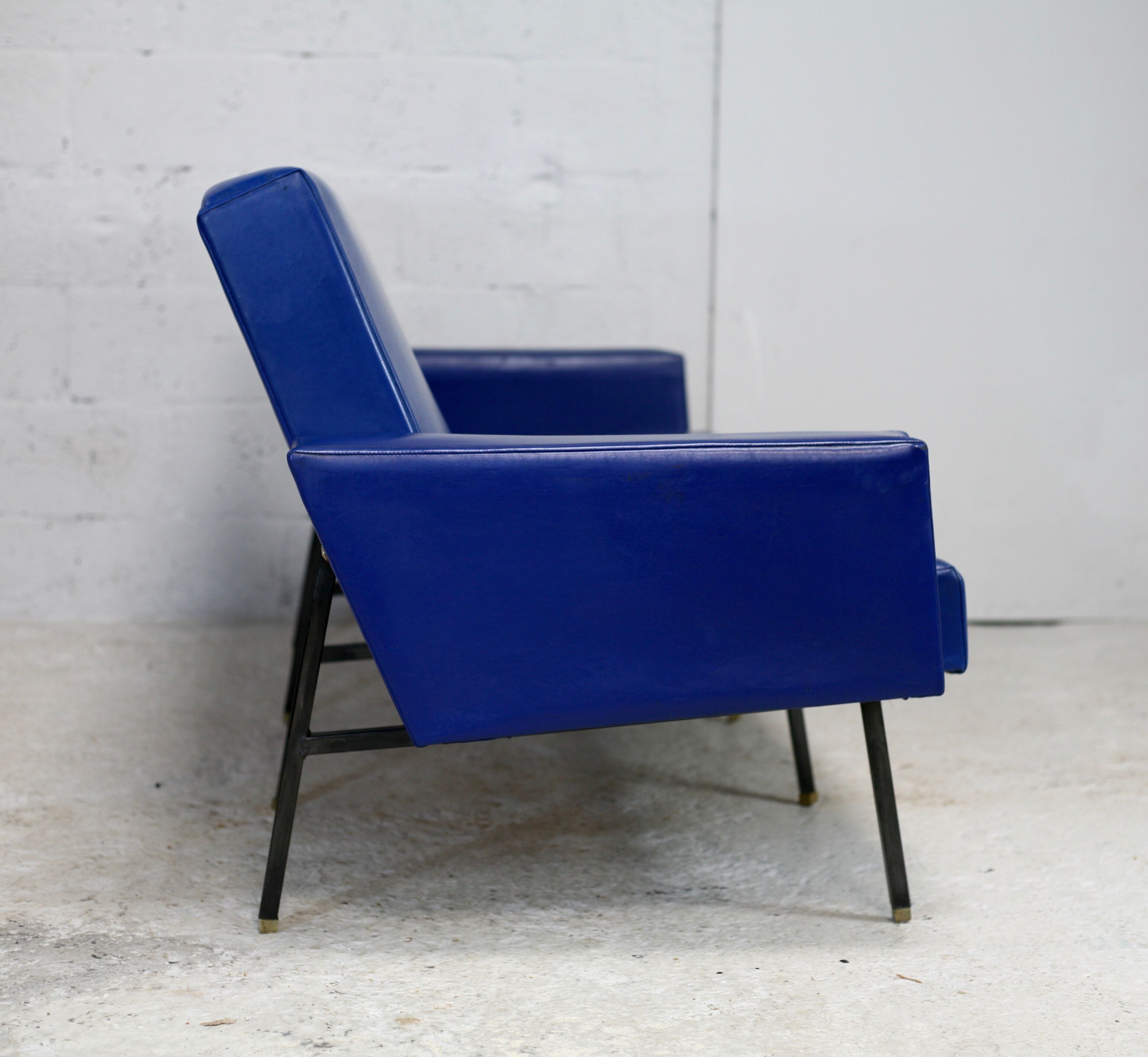 Sofa imitation leather blue and steel, 3 seats, France, circa 1960