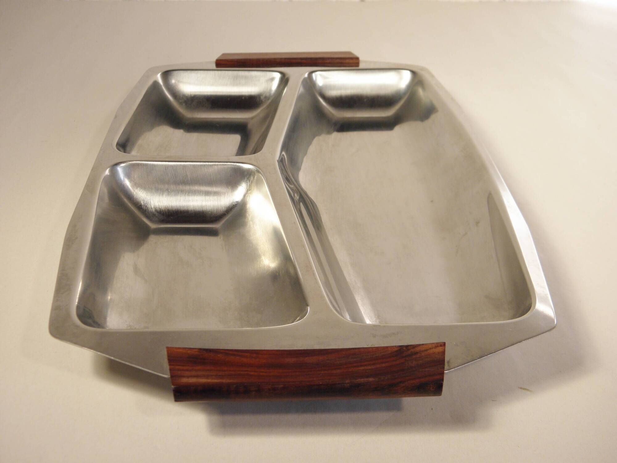 Set of 4 stainless steel and wood trays from the 70s