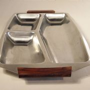 Set of 4 stainless steel and wood trays from the 70s