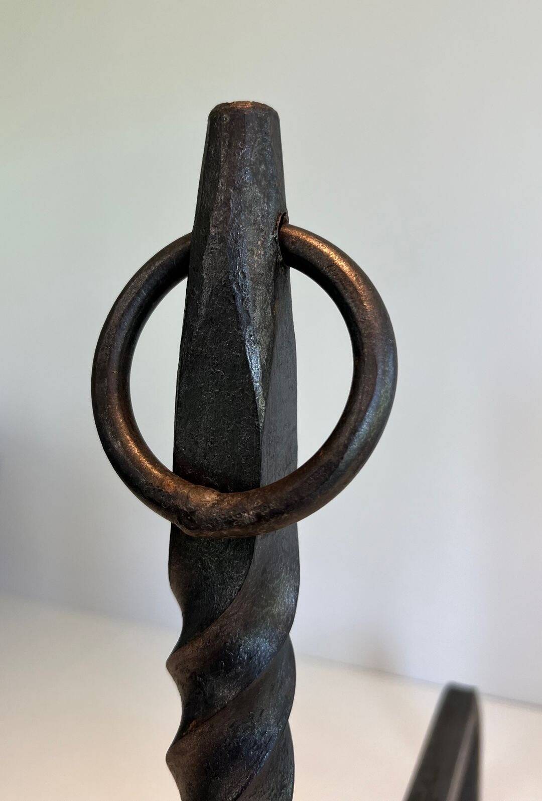 Pair of Neoclassical Fire Dogs in Wrought Iron with Twisted Columns, Finials