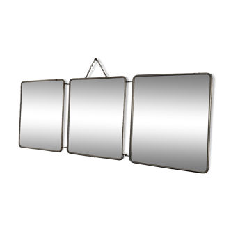Miroir vintage 1960 triptyque barbier coiffeur turquoise - 30 x 77