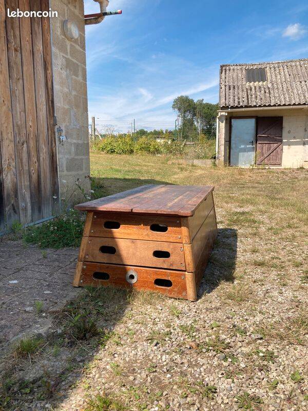 Grand coffre vintage en bois ancien plinthe gymnaste