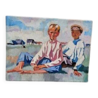 Oil on canvas, painting of young men.