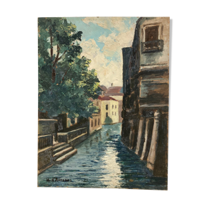 Huile sur panneau cours d'eau vintage