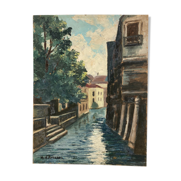 Huile sur panneau cours d'eau vintage