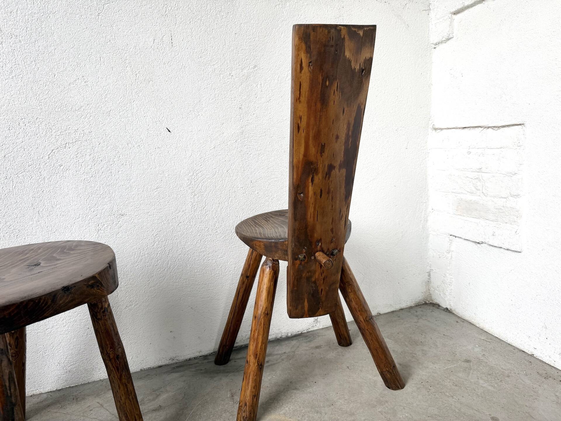 Set of three alpine chairs in solid pine, France, 1950s.