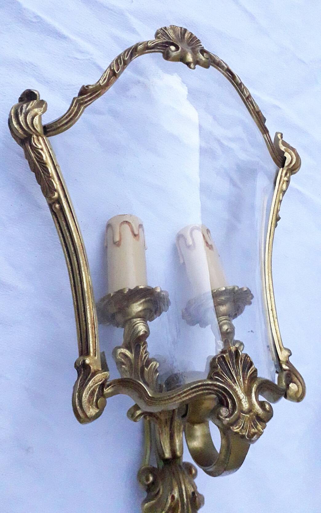 Pair of bronze and glass wall lights