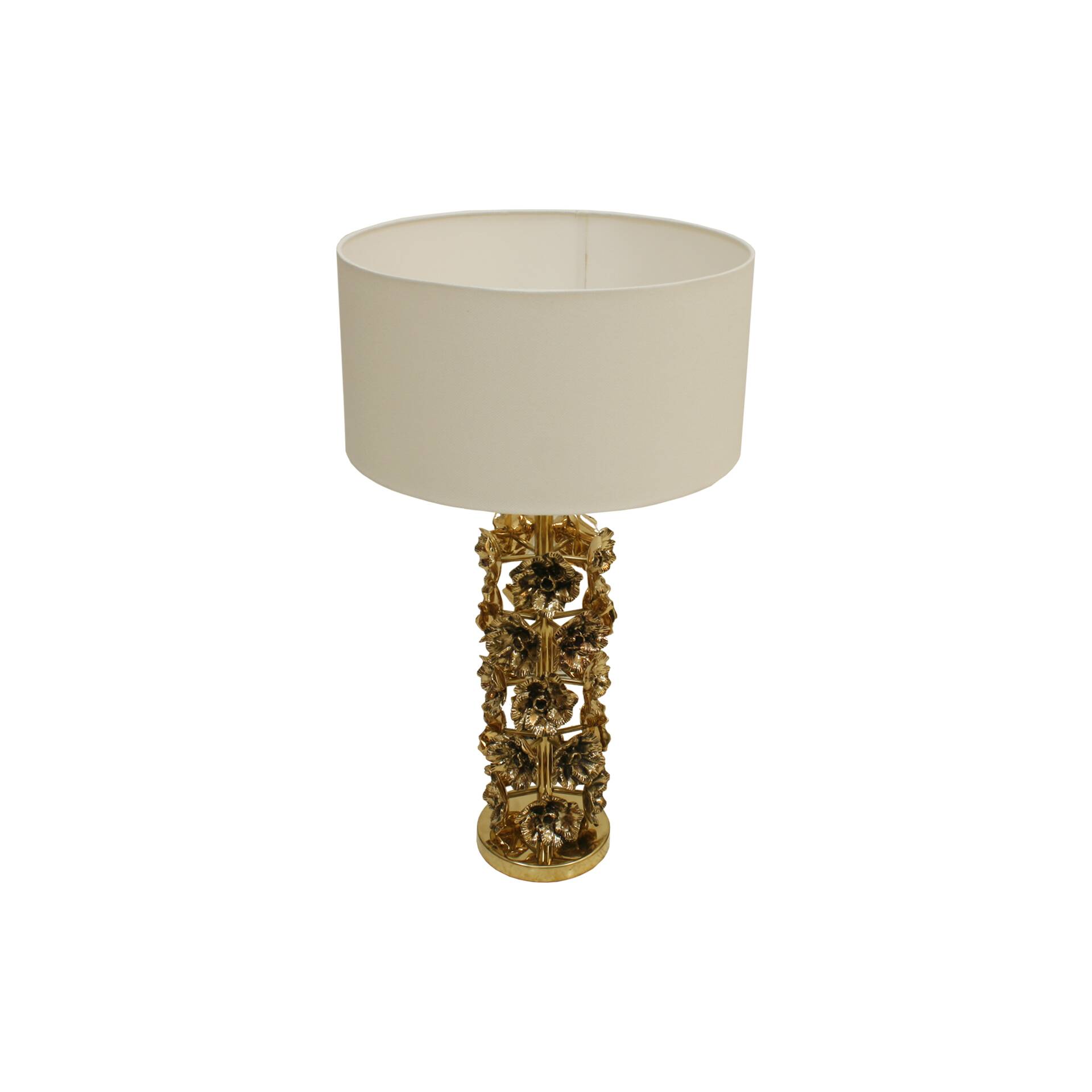 Mid-century modern Italian table lamps with hand-sculpted brass, floral pattern.