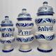 Set of three covered apothecary pots, Malva, Pinus, Salvia in glazed ceramic
