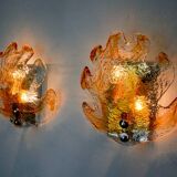Pair of "leaf" wall lights by Murano Mazzega in orange frosted glass Italy 1970