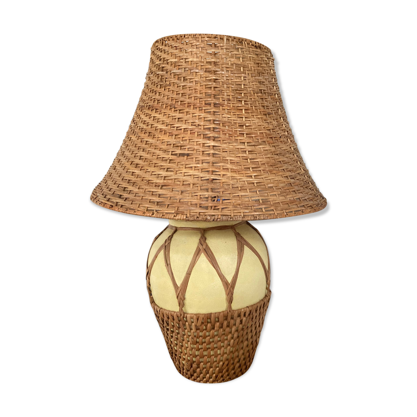 Lamp in rattan and ceramic vintage 1970