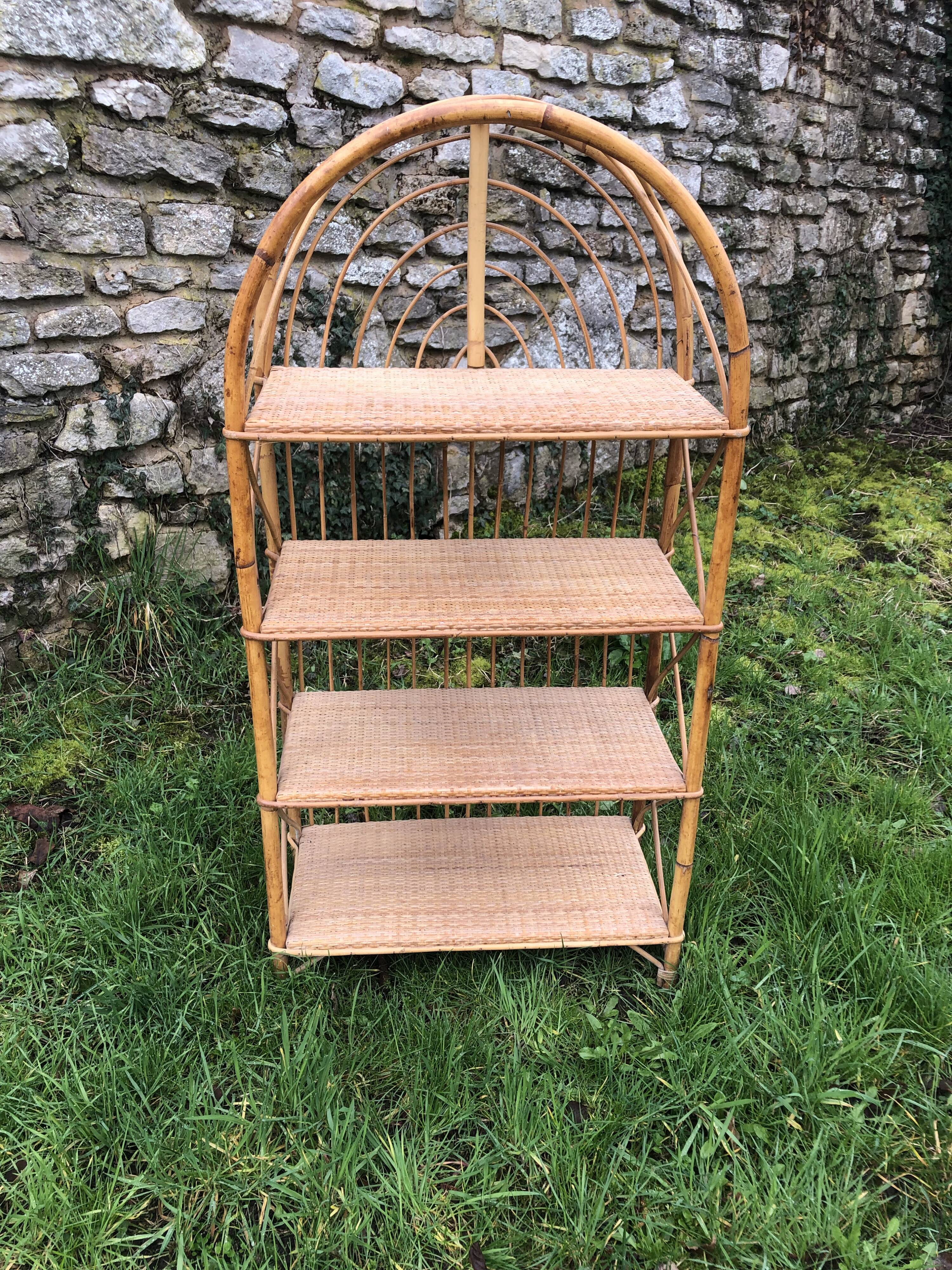 Vintage 60s bamboo rattan standing shelf