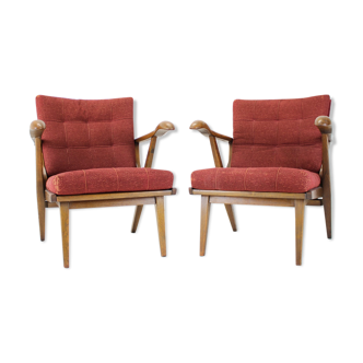 1960s pair of oak armchairs, czechoslovakia
