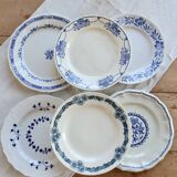 6 assiettes plates vintage dépareillées en terre de fer bleue et blanche