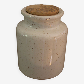 Mottled glazed stoneware mustard pot with cork stopper