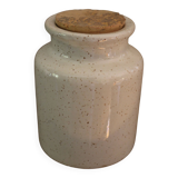 Mottled glazed stoneware mustard pot with cork stopper