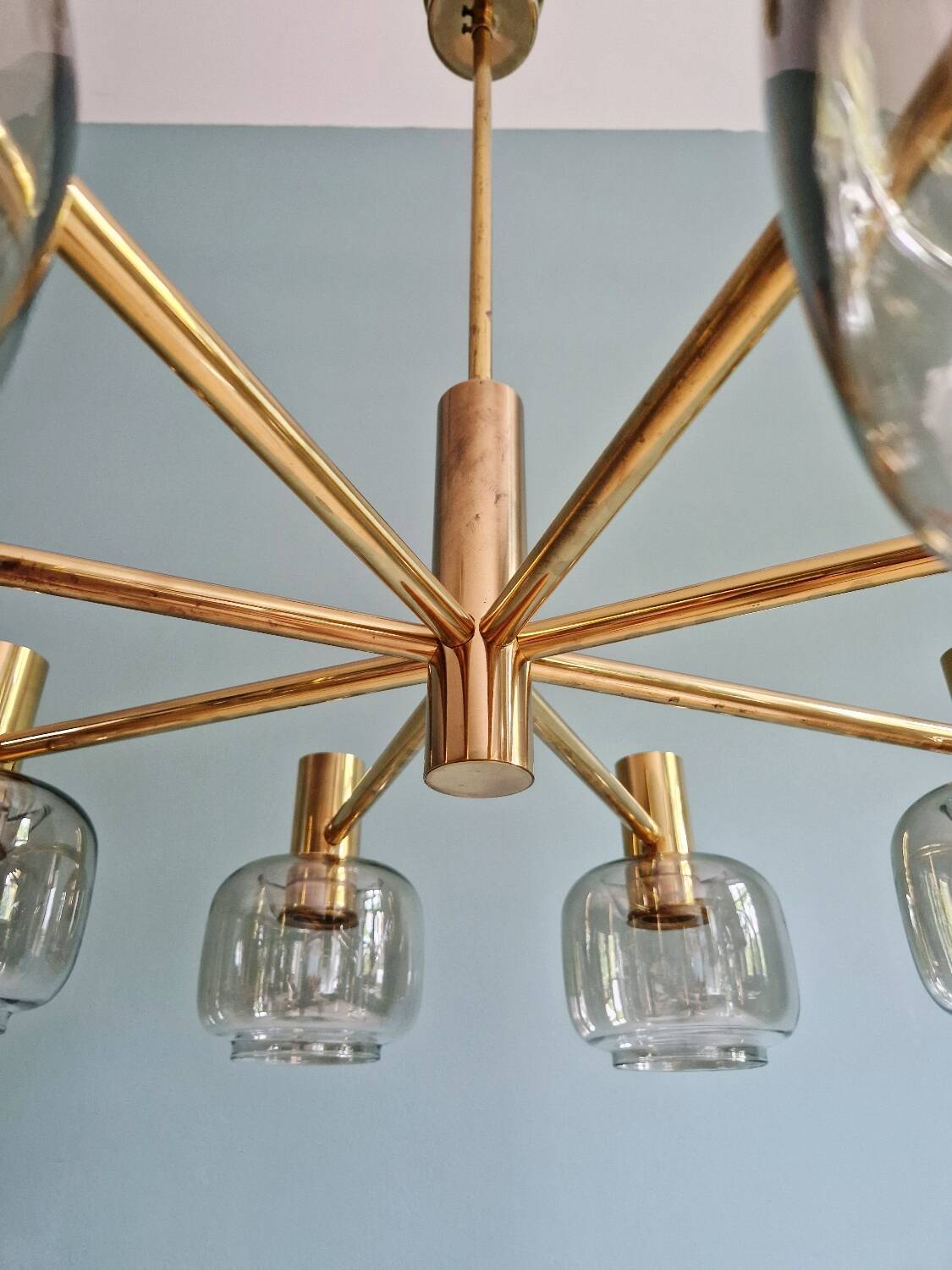 Large designer chandelier in brass and smoked glass globes, 1970s