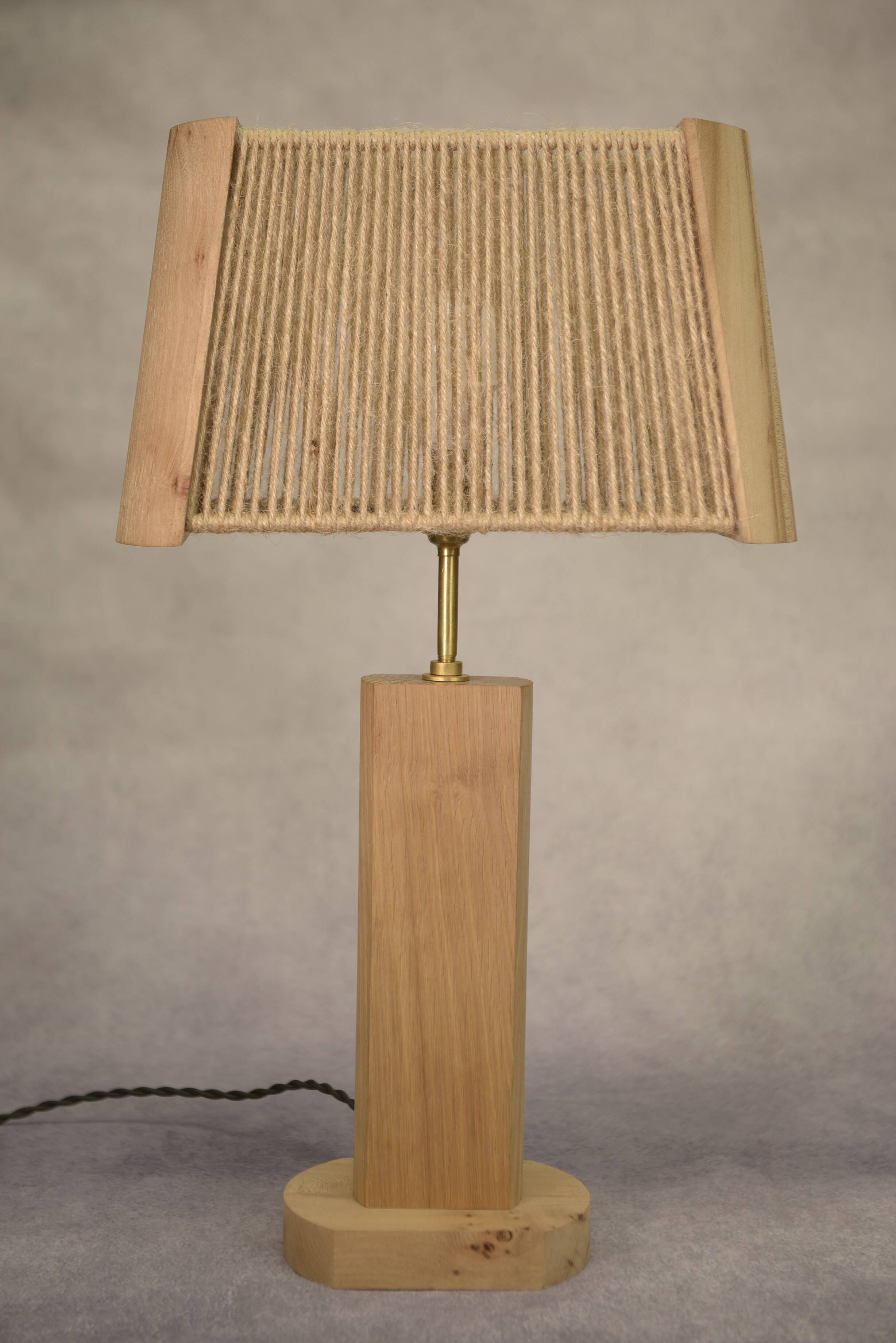 Brutalist lamp in elm and solid oak with a cord shade – 1980s