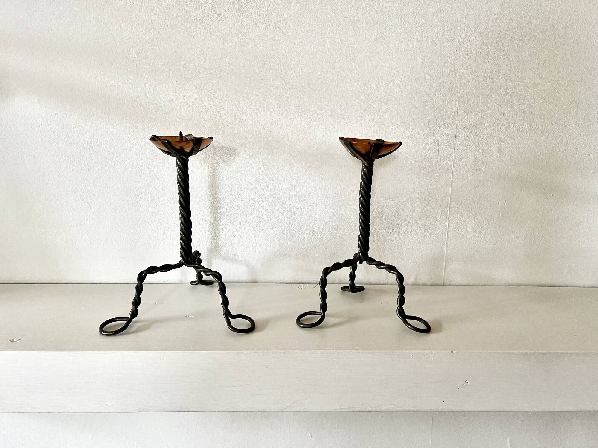 Pair of Arts & Crafts vintage antique candlesticks in wrought iron & copper