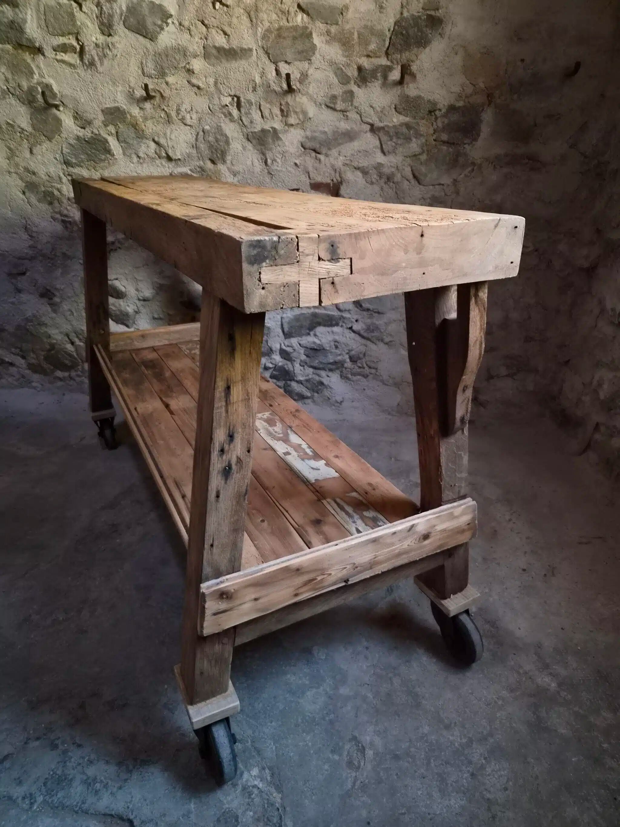 French industrial kitchen island, antique work table in chestnut and oak, circa 1900.