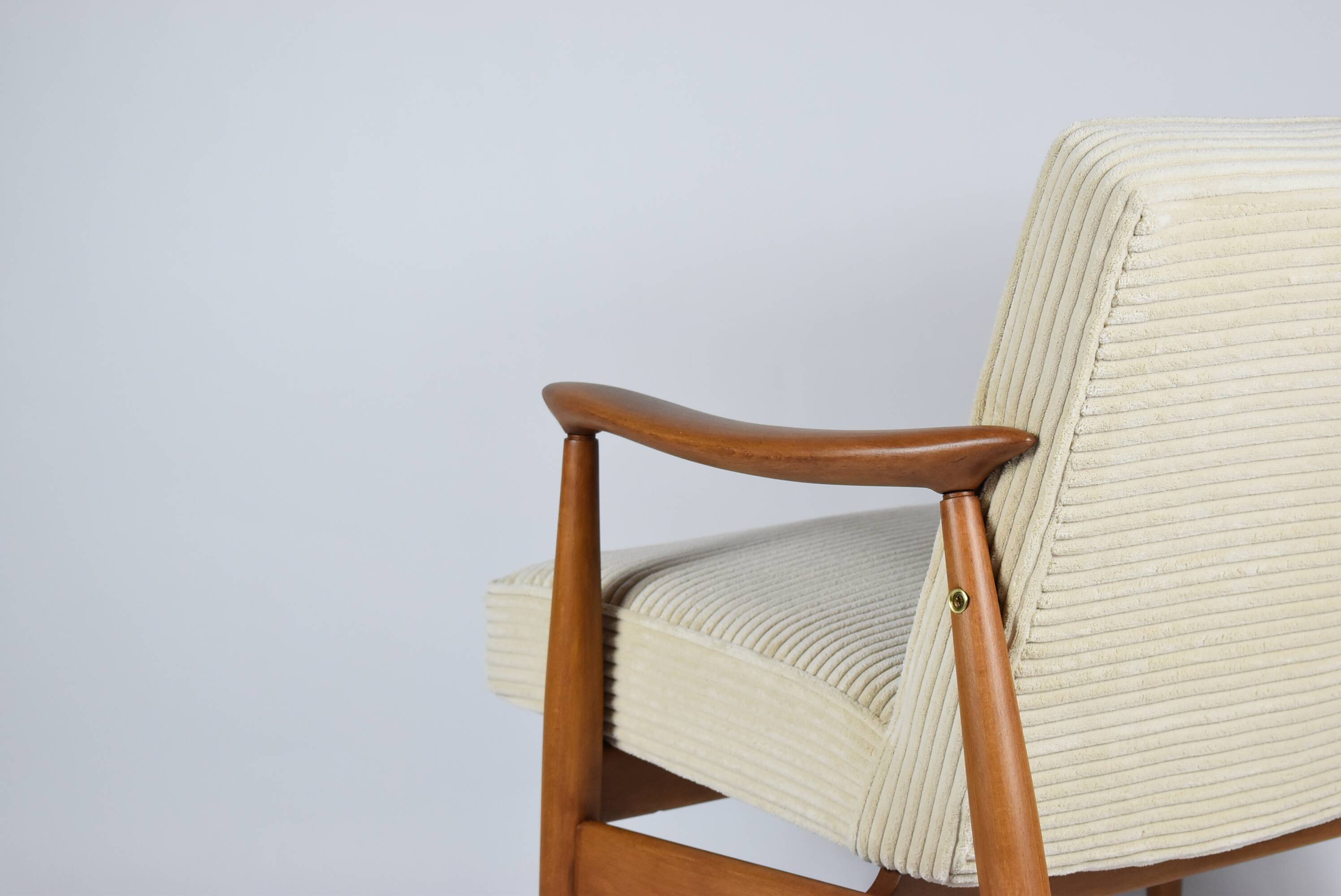 Restored scandinavian armchair "Kedzior", 1960s, cream Cord, teak