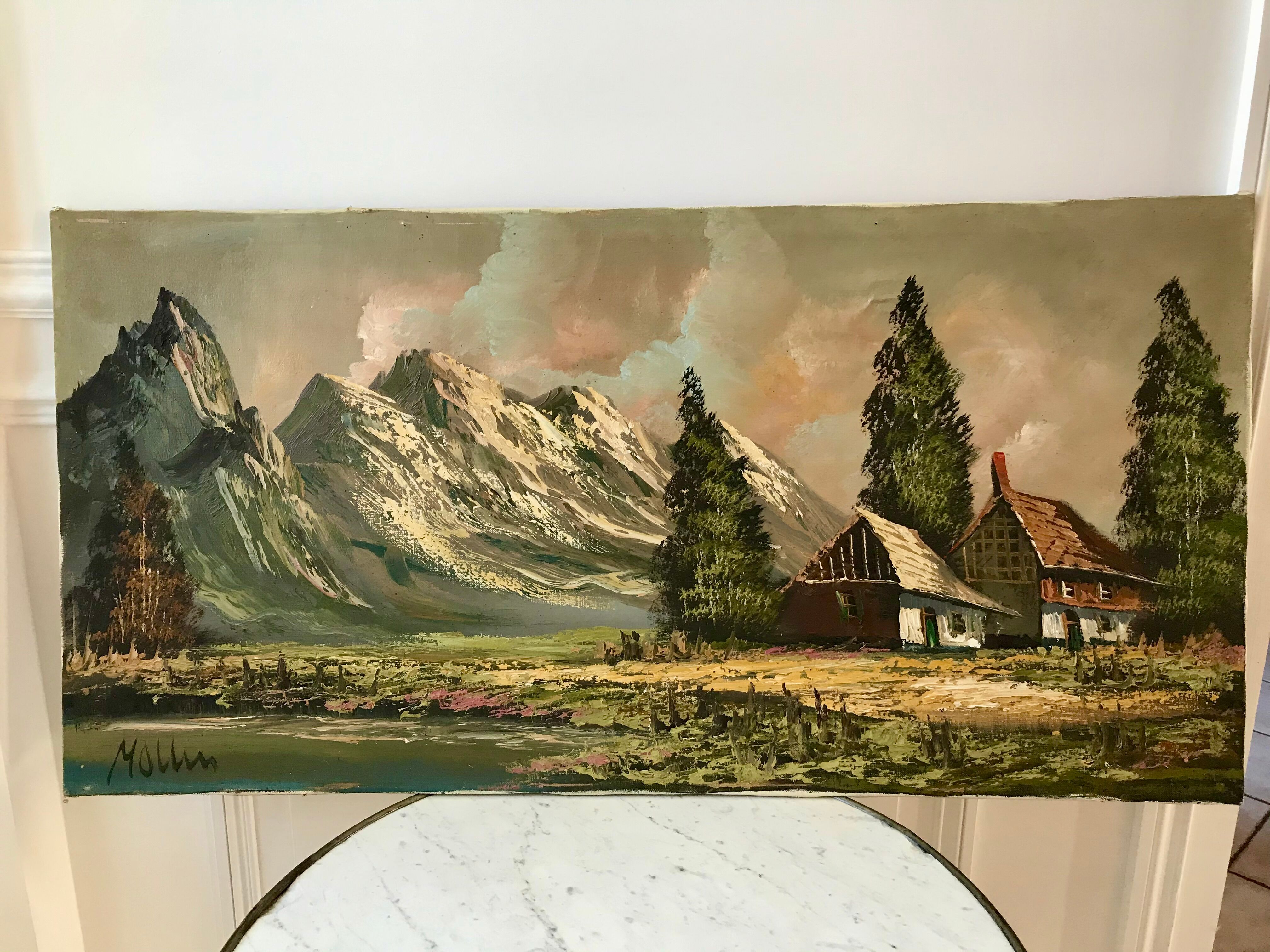 Oil painting on canvas landscape vintage mountains signed mollin