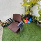Set of 4 stackable vintage brown armchairs with chrome legs