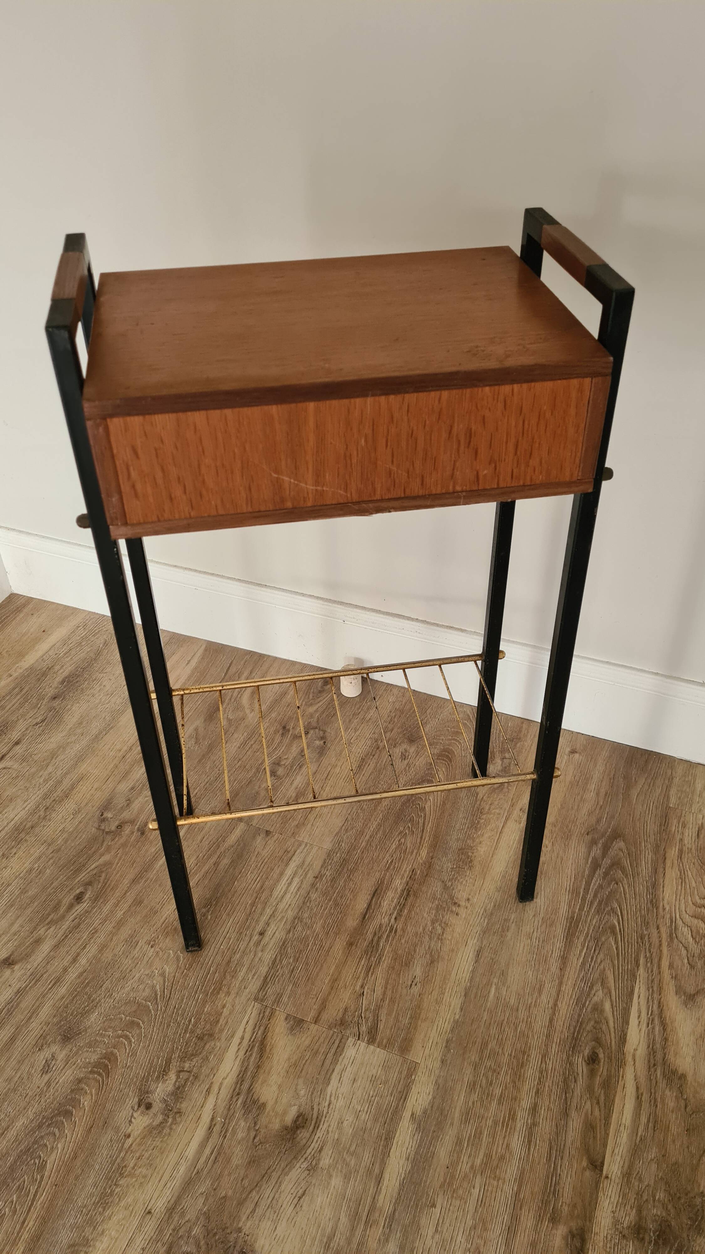 Pierre Guariche style bedside table, wood and metal, vintage, 60s