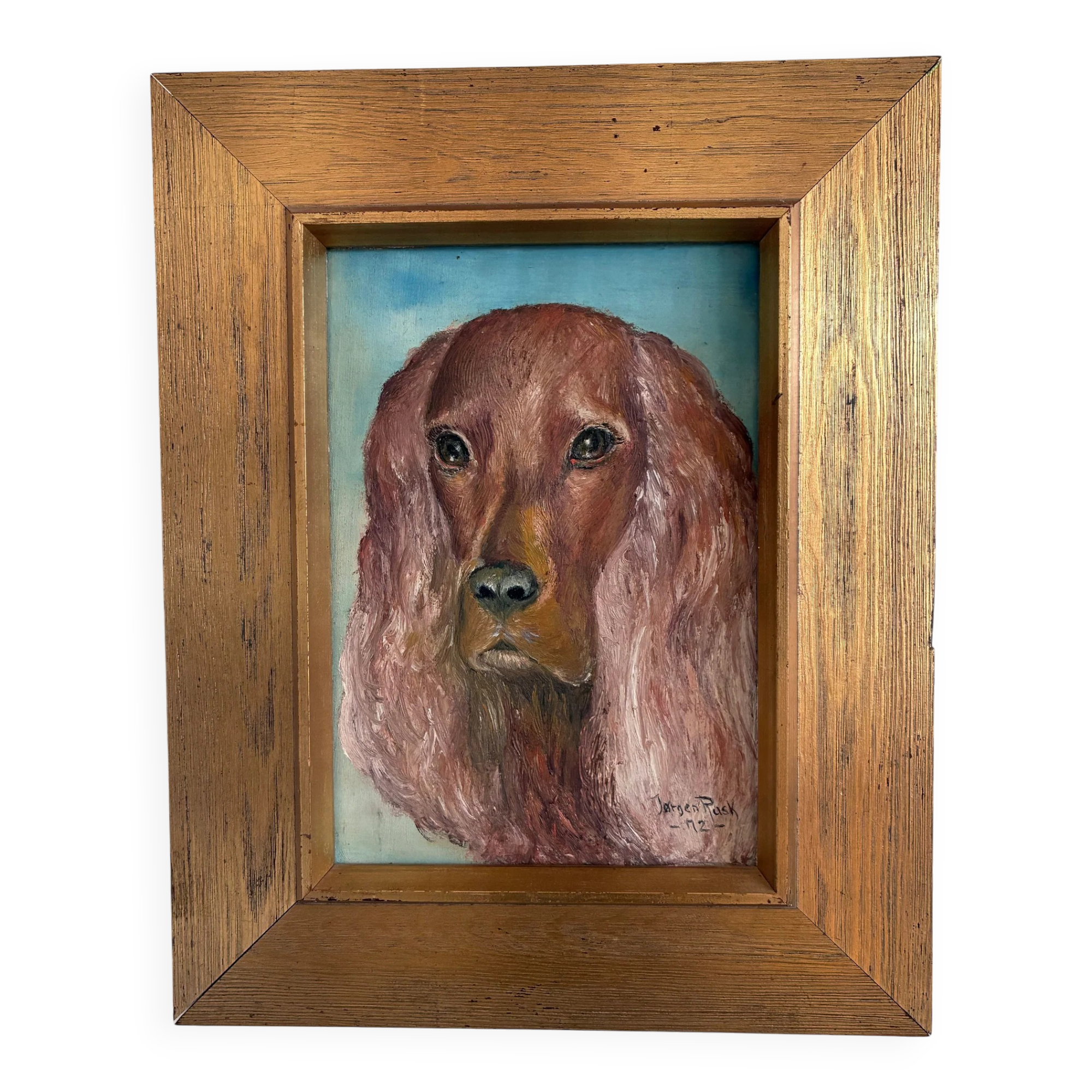 Vintage original dog portrait oil painting, signed animal art