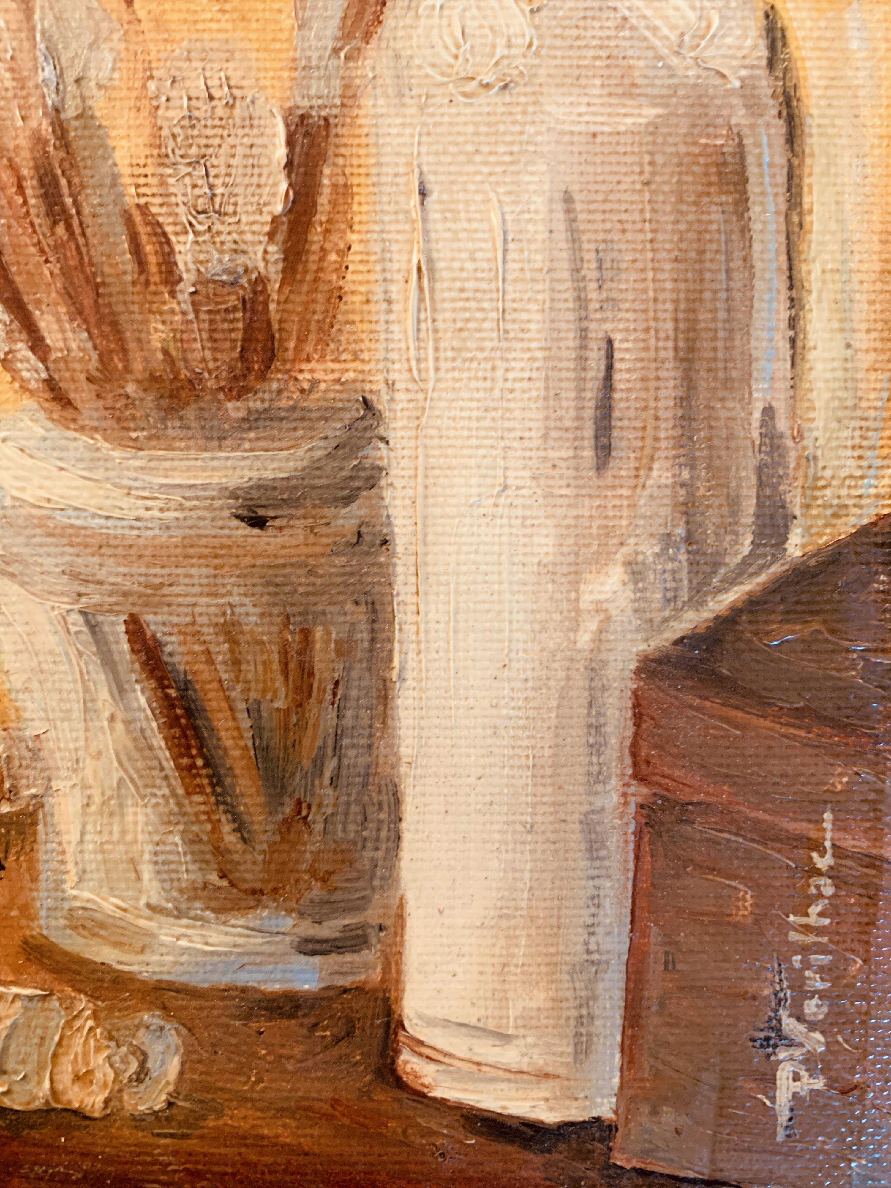 Small signed painting, oil on cardboard canvas, still life "studio"
