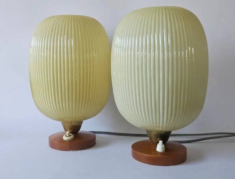 Rare Pair of Table Lamps, Glass and Wood, 1960s